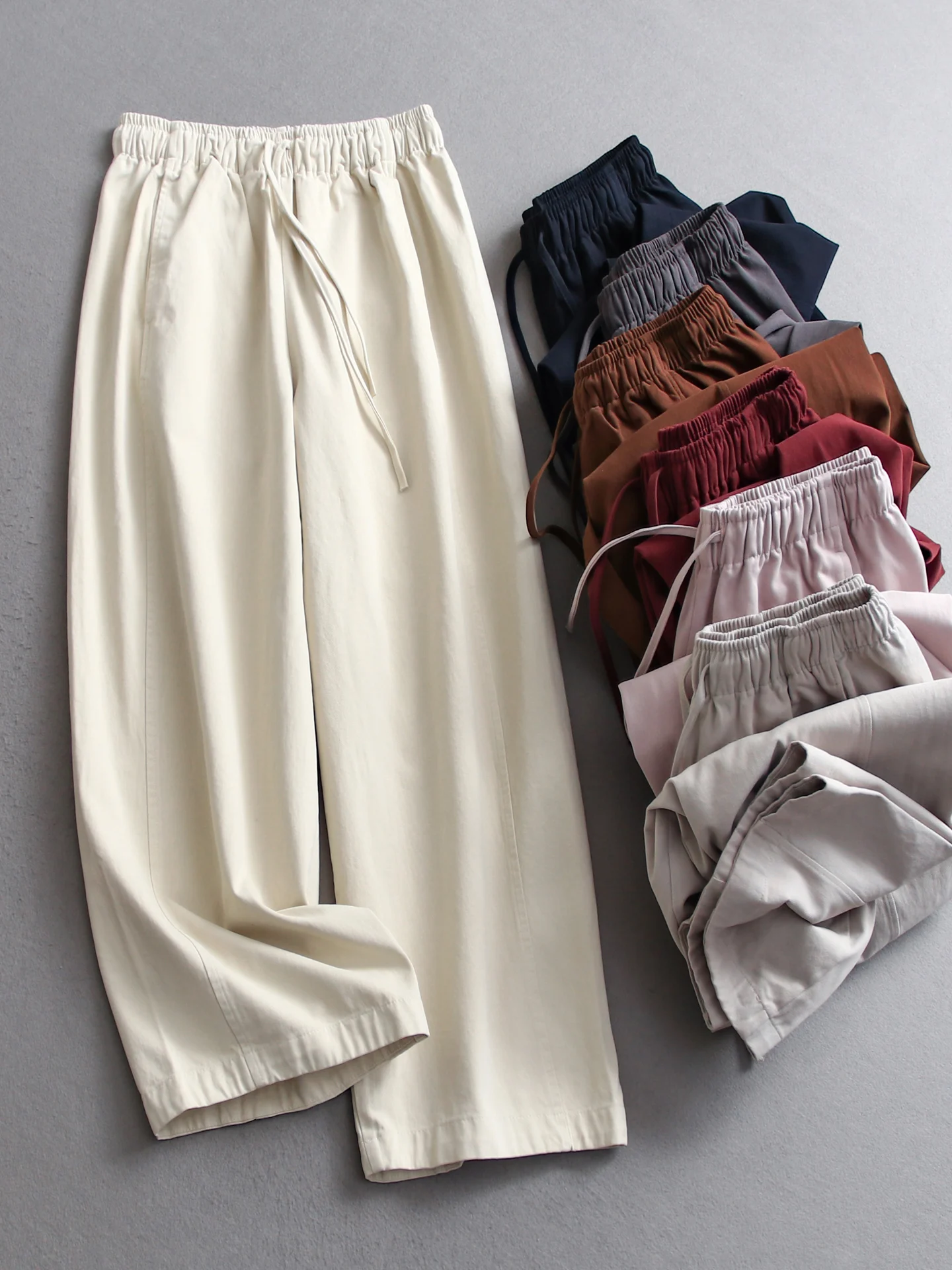 

Casual Drawstring Waist Elastic Pure Color Loose Slimming Dad Pants High Waist Cotton Wide Leg Pants Breathable Skin-Friendly