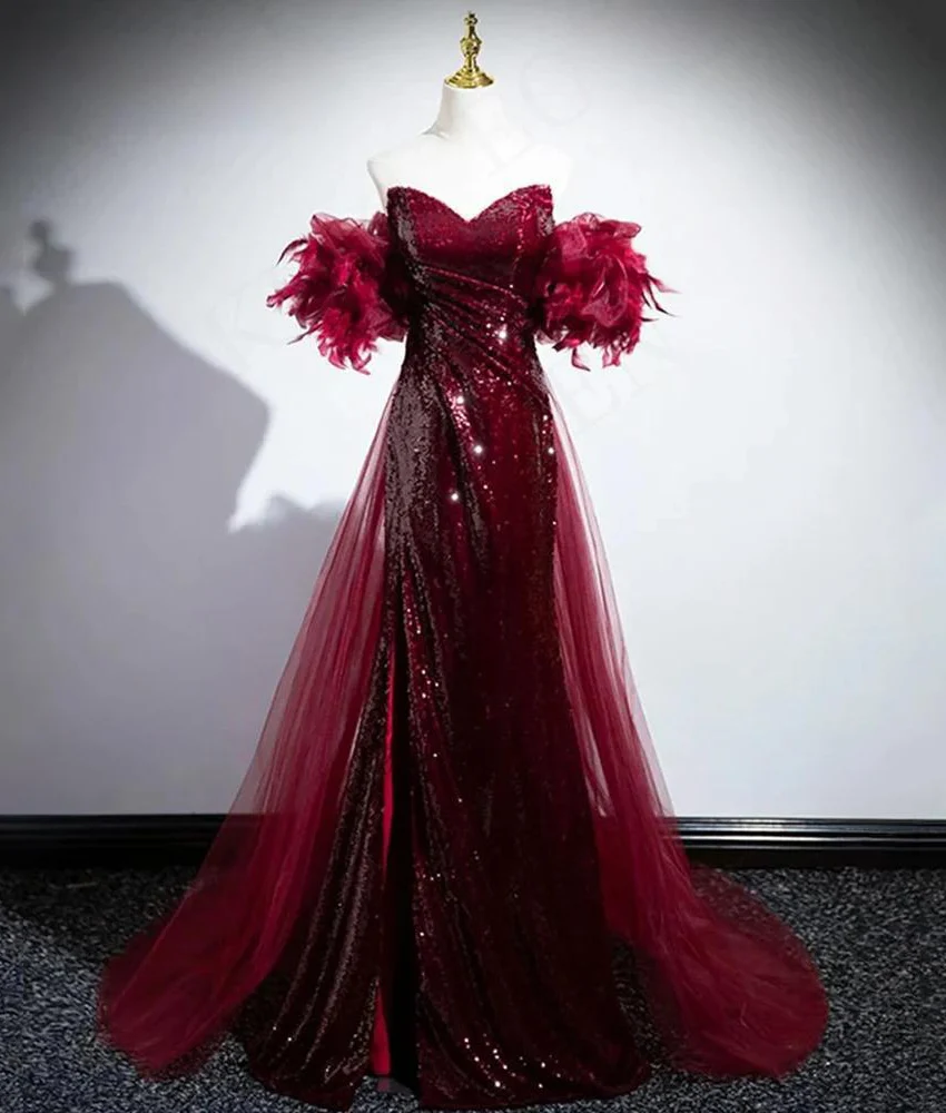 

Customized Graceful Sequined Feathers Mermaid Evening Dress Temperament Sweetheart Floor Length prom dresses Custom Size