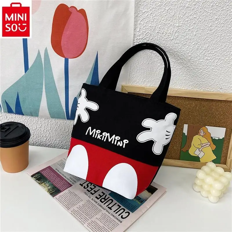 MINISO Disney Oxford Cloth Women's Canvas Bento Handbag Student Minimalist Winnie Bear Mickey Print Cute Handheld Shoulder Bag