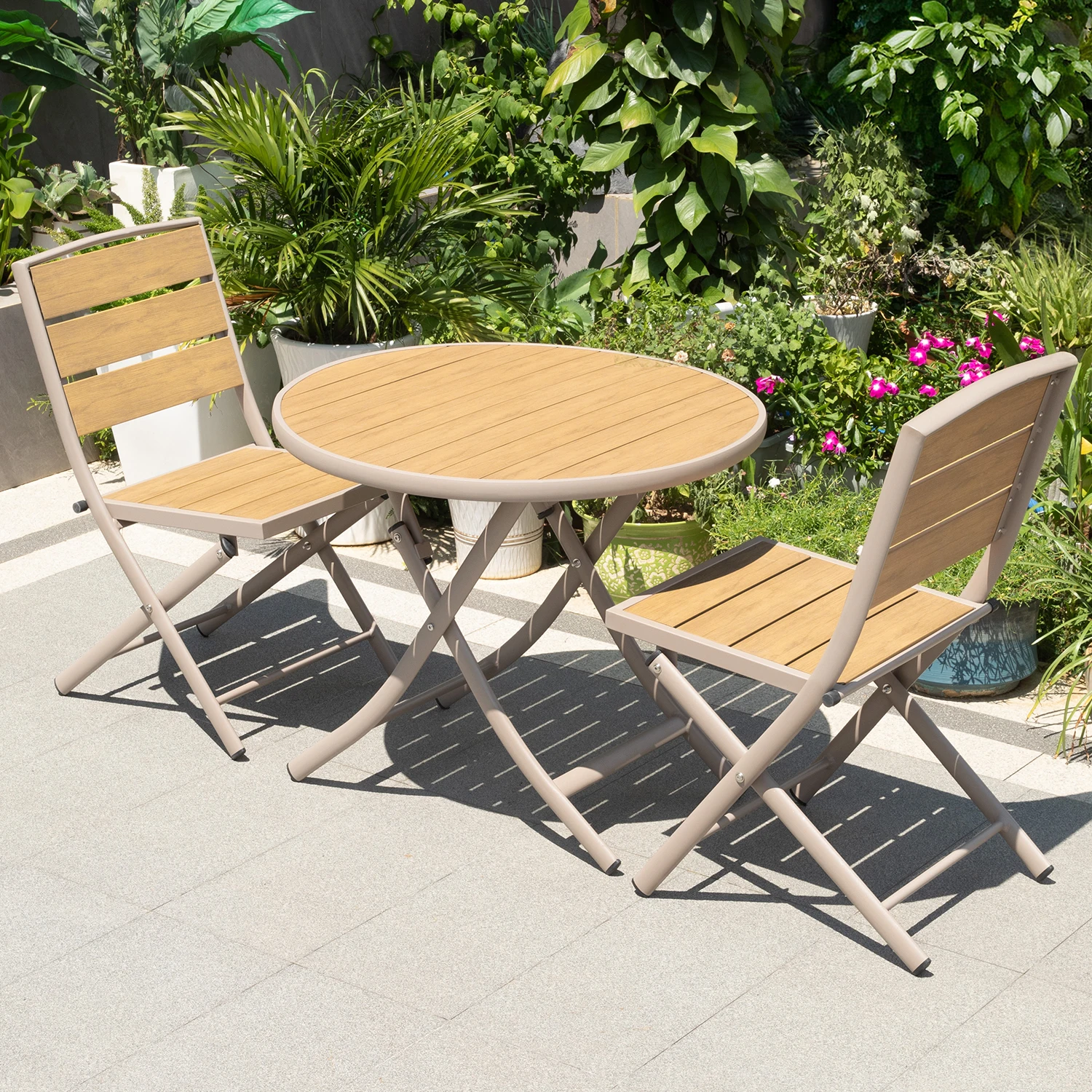 

Plastic Wood Aluminum Frame Foldable And Portable Garden Furniture Set Outdoor Balcony Small Coffee Table And Chair
