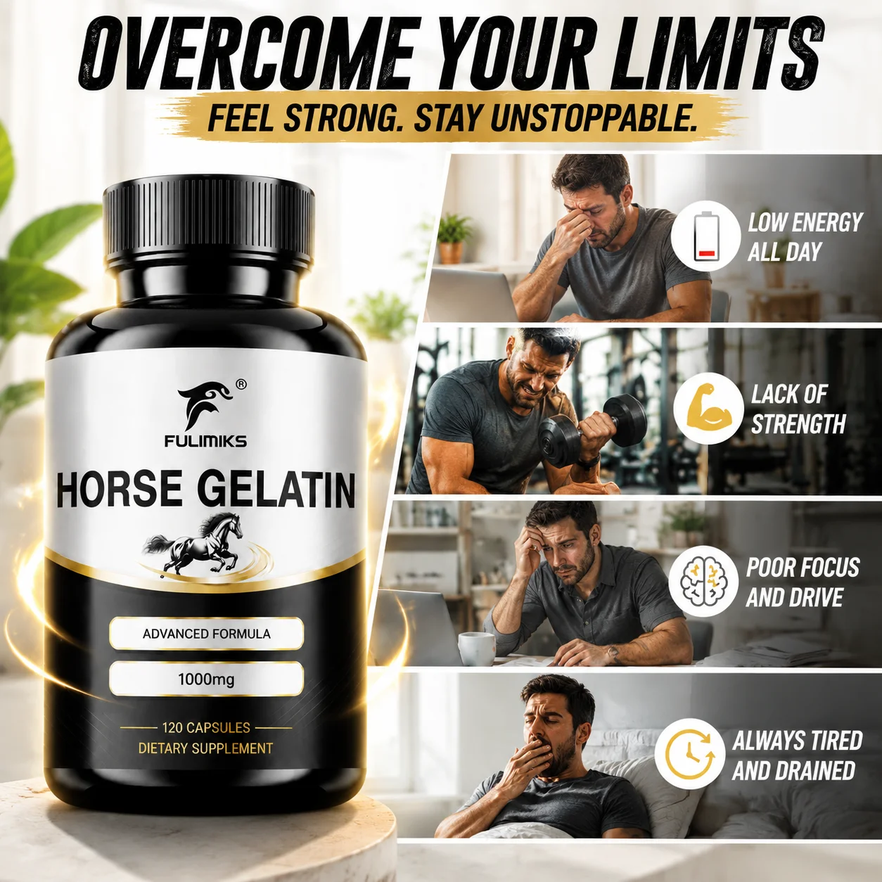 High Purity Horse Gelatin Collagen Supplement, Support Anti-Aging Nourish Skin Hair Nails, Joint Bone Health, Energy & Immune