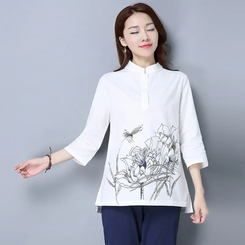 Ladies chinese Tops Blouse Cotton Linen Cheongsam Top Loose Large Size Tang Suit Blusas Style Clothing Women 12296