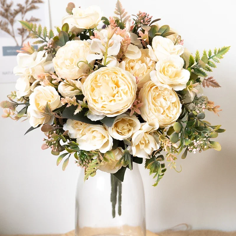 

Silk Artificial Rose Flowers Cheap Autumn Decoration White Wedding Home Christmas Fall Fake Flower Bouquet Craft Wreath Supplies