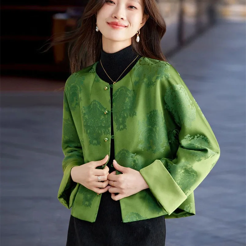 spring autumn New Chinese style green jacket  women's 2026 popular retro round neck jacquard short top coat Female Outerwear