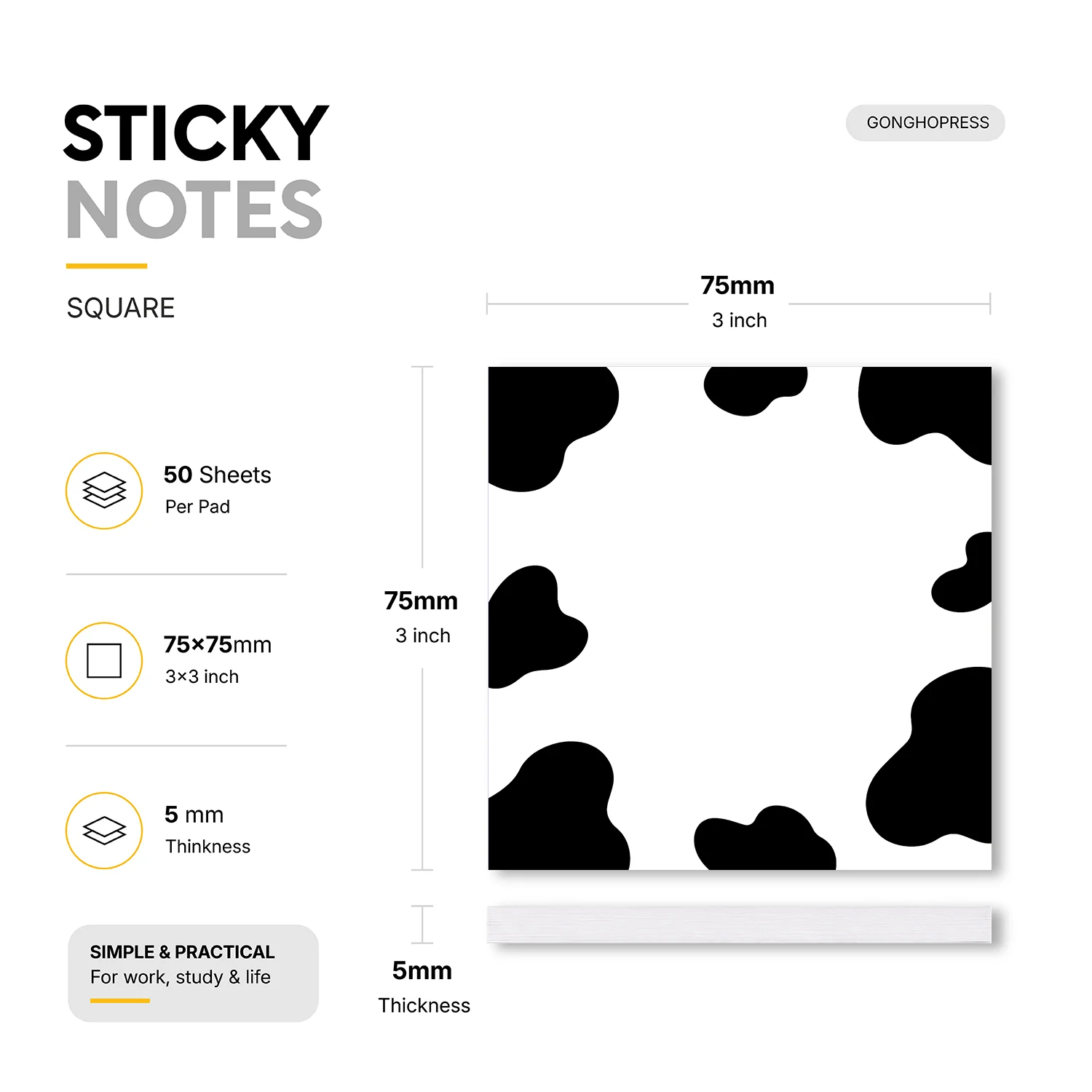 2Pcs Cow Print Sticky Notes 3x3 Inch, 100 Sheets Black and White Self Stick Memo Pads, Cute Animal Pattern Square Notepad