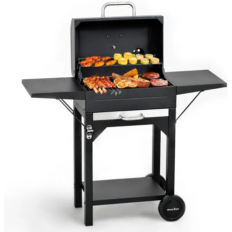 

Charcoal Grill with Two Side Tables, Heavy-duty Steel Barbecue BBQ Grill for Outdoor Picnic Backyard Patio and Parties, 43"*38"*
