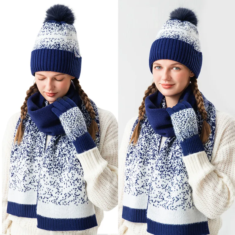 Knitted Woolen Hat Warm Knitted Cap Scarf Gloves Fleece Winter Set for Women Men Outdoor Ear Protection Windproof Beanies 3PCS