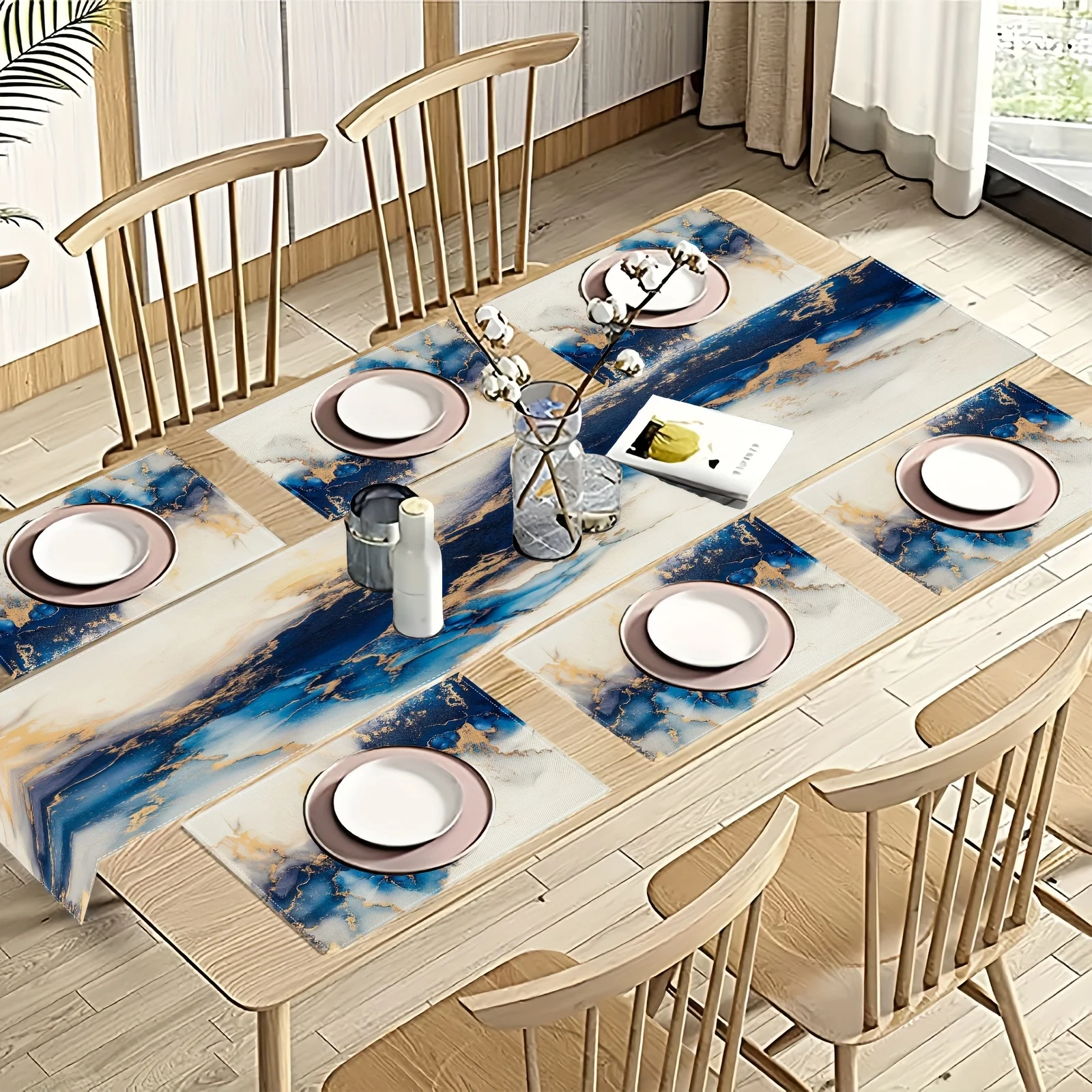 VIKAMA 5/7PC Luxury Marble Pattern Placemat Table Flag Set Blue, White, and Gold Restaurant Living Room Decor American Luxury
