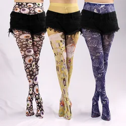 Women's Graffiti Printed Tights Evil Eyes Seamless Pantyhose Female Retro Stretch Long Socks High Waist Stockings Halloween New