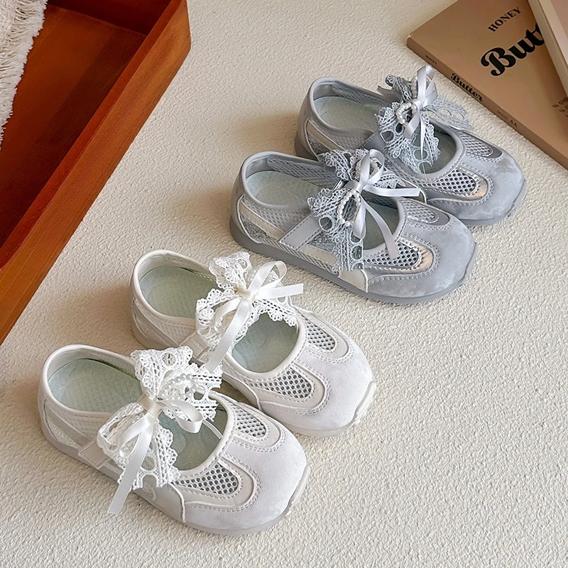 Girls Princess Sandals Summer Mesh Casual Shoes with Elegant Lace Bowknot Soft Sole Breathable Party Footwear for Toddler