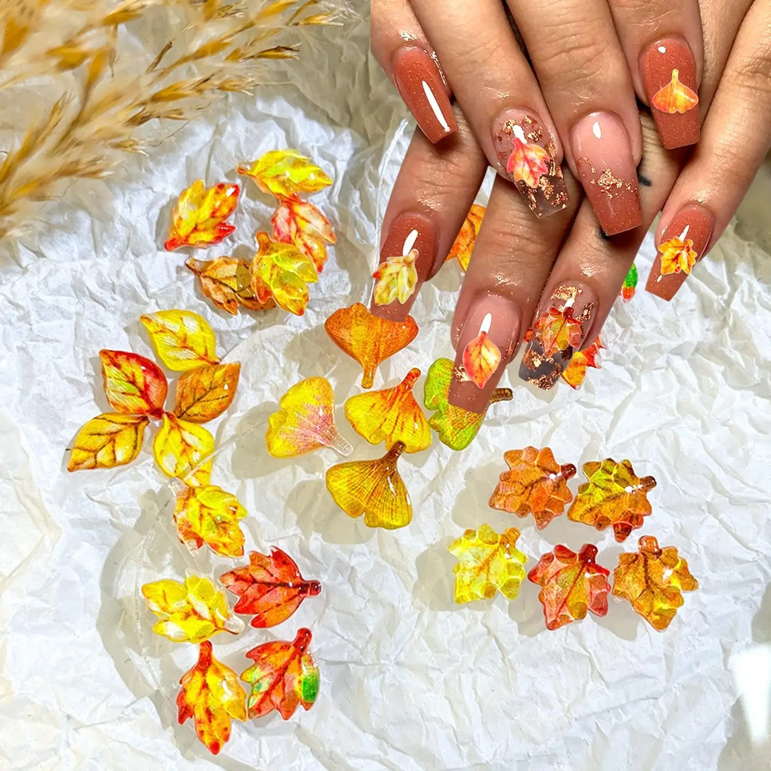 20Pcs Fall 3D Maple Leaves Nail Art Charms Resin Nail Art Yellow Leaf Design Decoration Jewelry Nail Rhinestones DIY Accessories