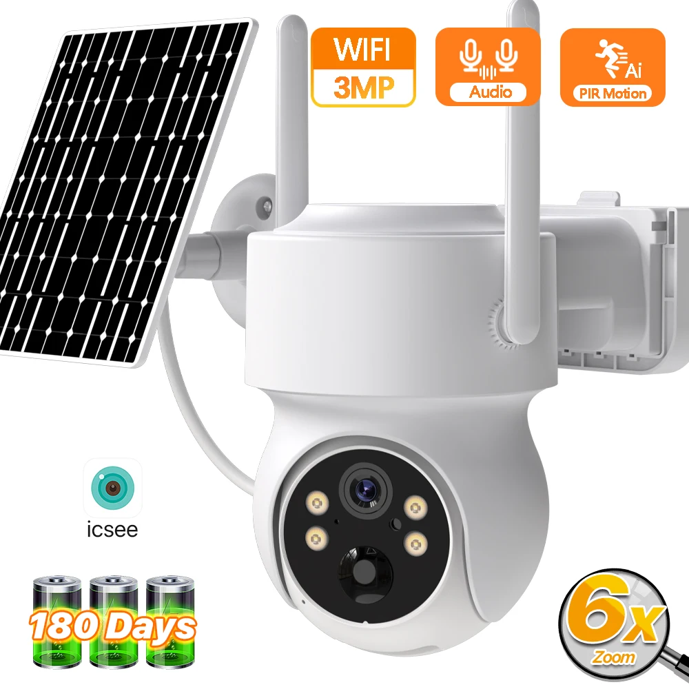 Batteria incorporata WiFi PTZ Telecamera IP solare wireless esterna da 4 MP Zoom 6X Telecamera di videosorveglianza 1080P Standby prolungato iCSee