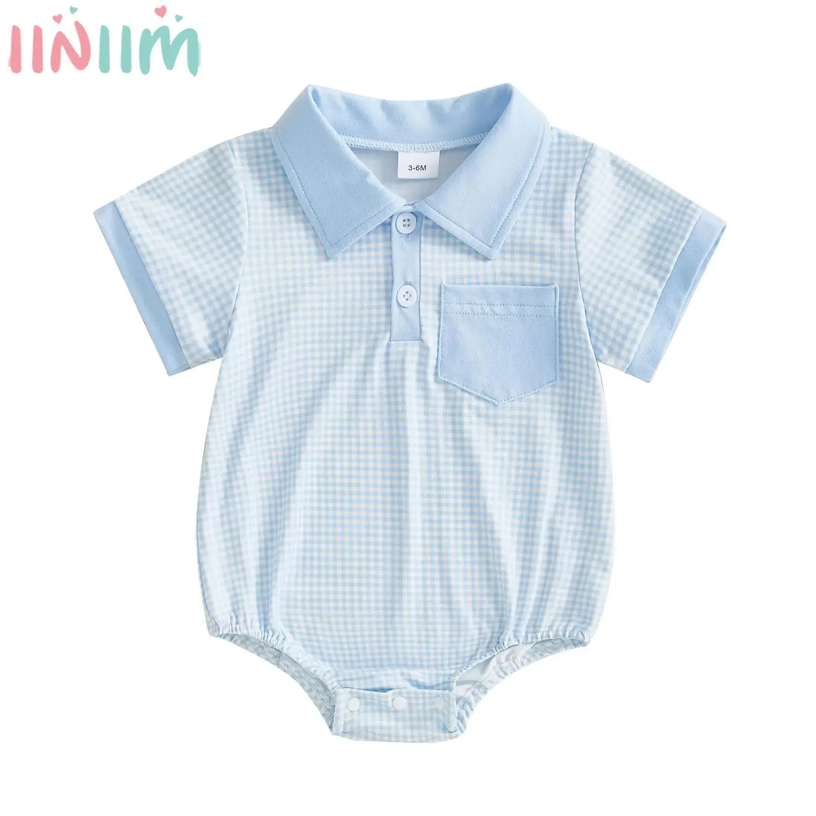 Baby Boys Summer Casual Rompers Short Sleeve Lapel Button Up Loose Plaid Bodysuit for Daily Home Wear Baptism Party Photography