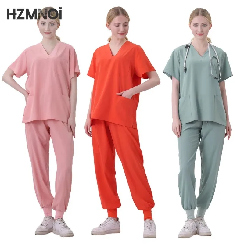 Peelings Uniform Anzug Kurzarm V-Ausschnitt Tops Jogger hose Set Pflege uniform Frauen mehrfarbige Haustier Arzt Peeling medizinische Arbeits kleidung