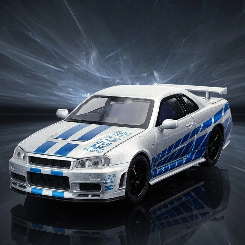 1:32 R34 スカイライン スーパーカー 合金製 ダイキャストカーモデル サウンド＆ライト付き ホビーモデルコレクション トレンドオーナメントギフト