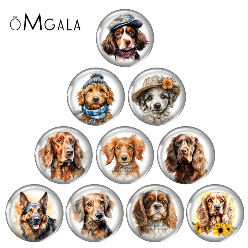 Lovely Cartoon Pet Dog Watercolor Paintings 12mm/18mm/20mm/25mm Round Photo glass cabochon demo flat back Making findings
