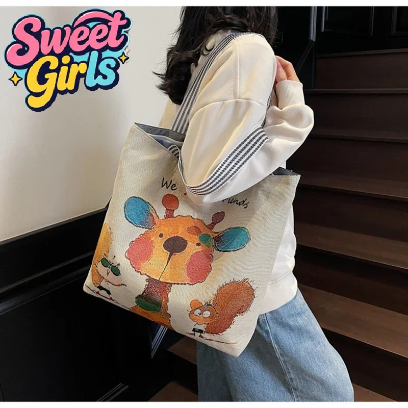 Cute Cartoon Print Single Shoulder Bag Large Capacity Canvas Tote Bag for Girls Commuting Trendy Street Style Handbag