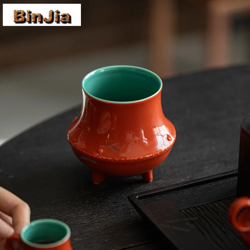 BAEJORIA 370ML Palace Museum Red Three Legged Jianshui Tea Cup Wash Tea Residue Barrel Water Washing Slag Tank Chaxi Tea Items