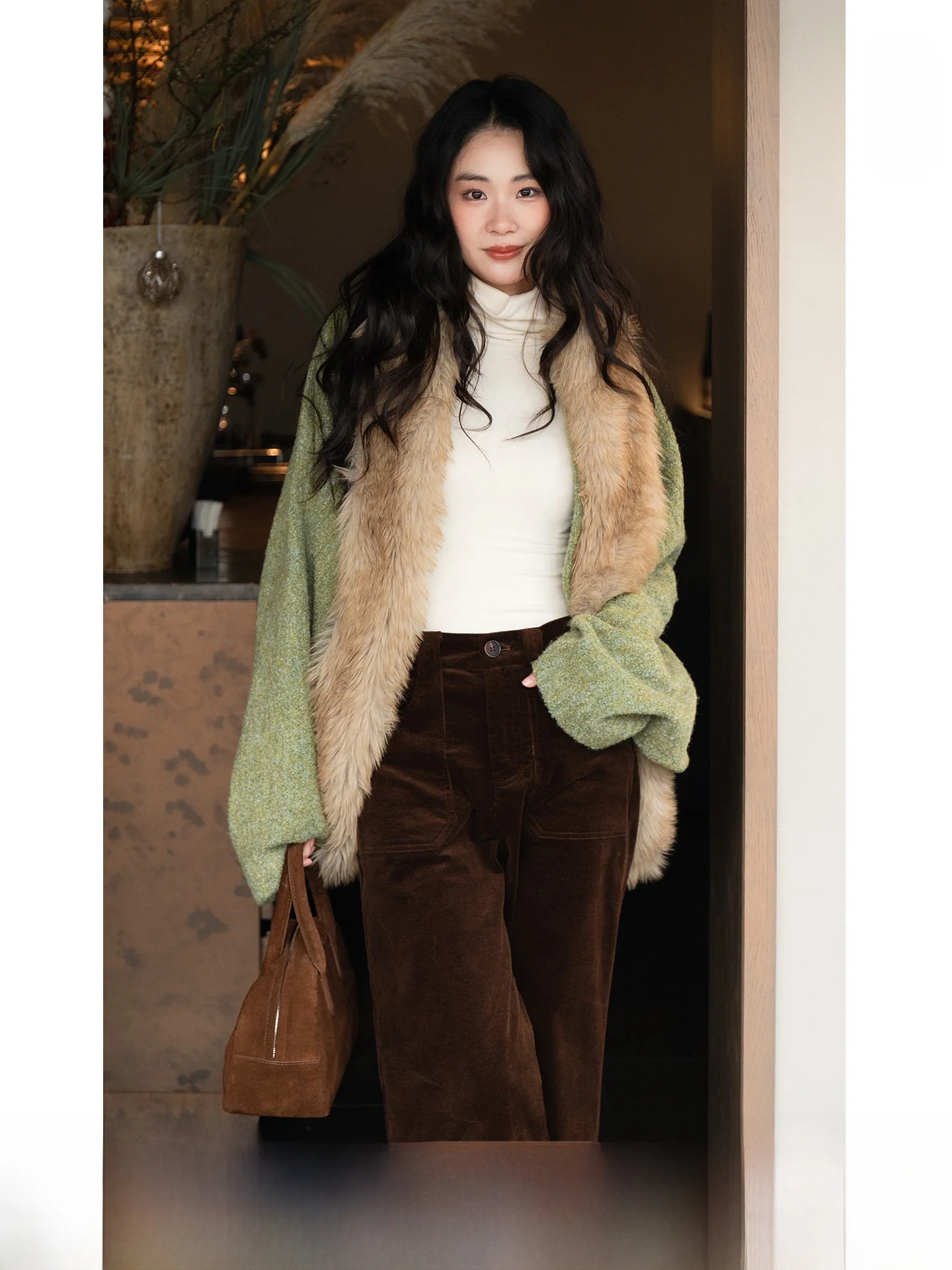 

Женское зимнее шерстяное пальто BUD с меховым воротником, оверсайз, с рукавами «летучая мышь», средней длины, новая повседневная модная верхняя одежда