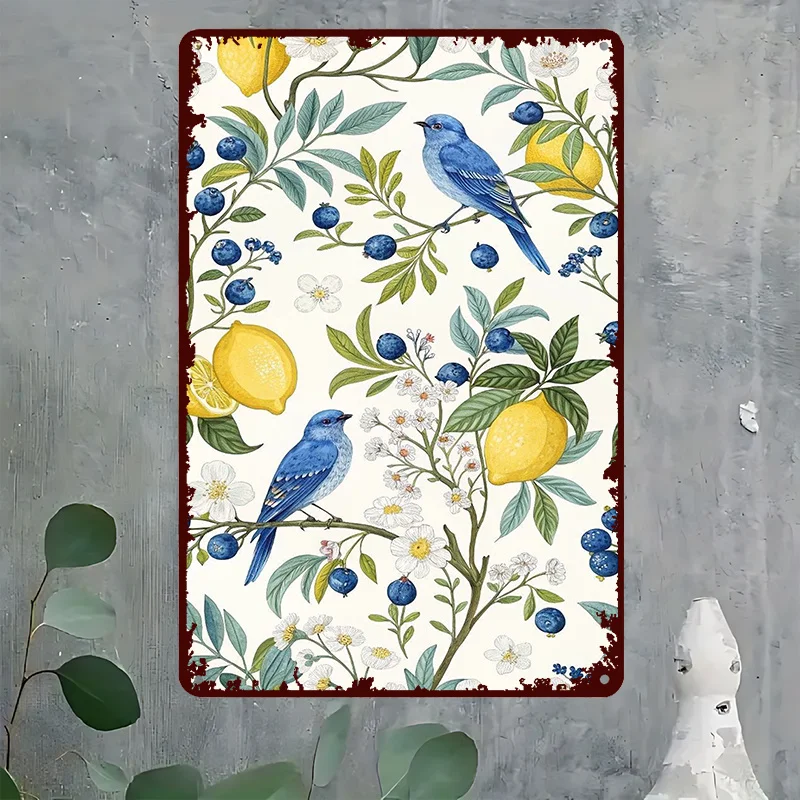 2D Flat Metal Wall Sign, 8x12 Inch Rustic Farmhouse Decor, Vintage Bluebird & Lemon Floral Pattern Wall Panel
