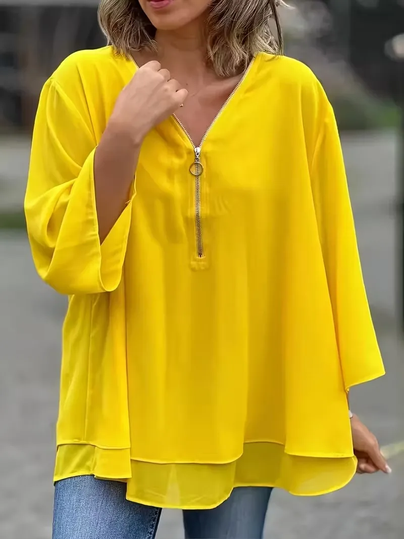 

Женская элегантная двойная шифоновая рубашка с v-образным вырезом - трапециевидный подол с длинными рукавами и застежкой-молнией спереди