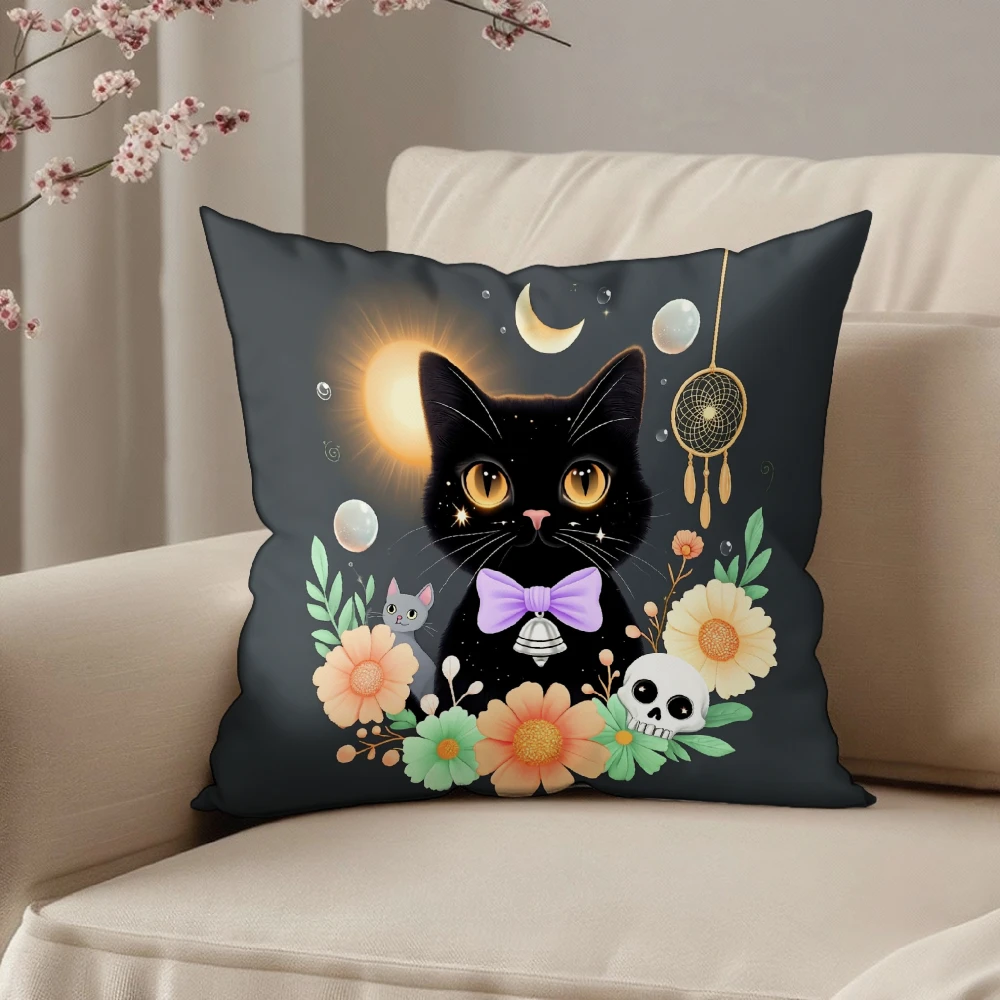 Black Cat Throw Pillow Case Black Halloween Black Cat With Purple Bow Tie Moon Dreamcatcher Skull And Flowers Print For Sofa Bed