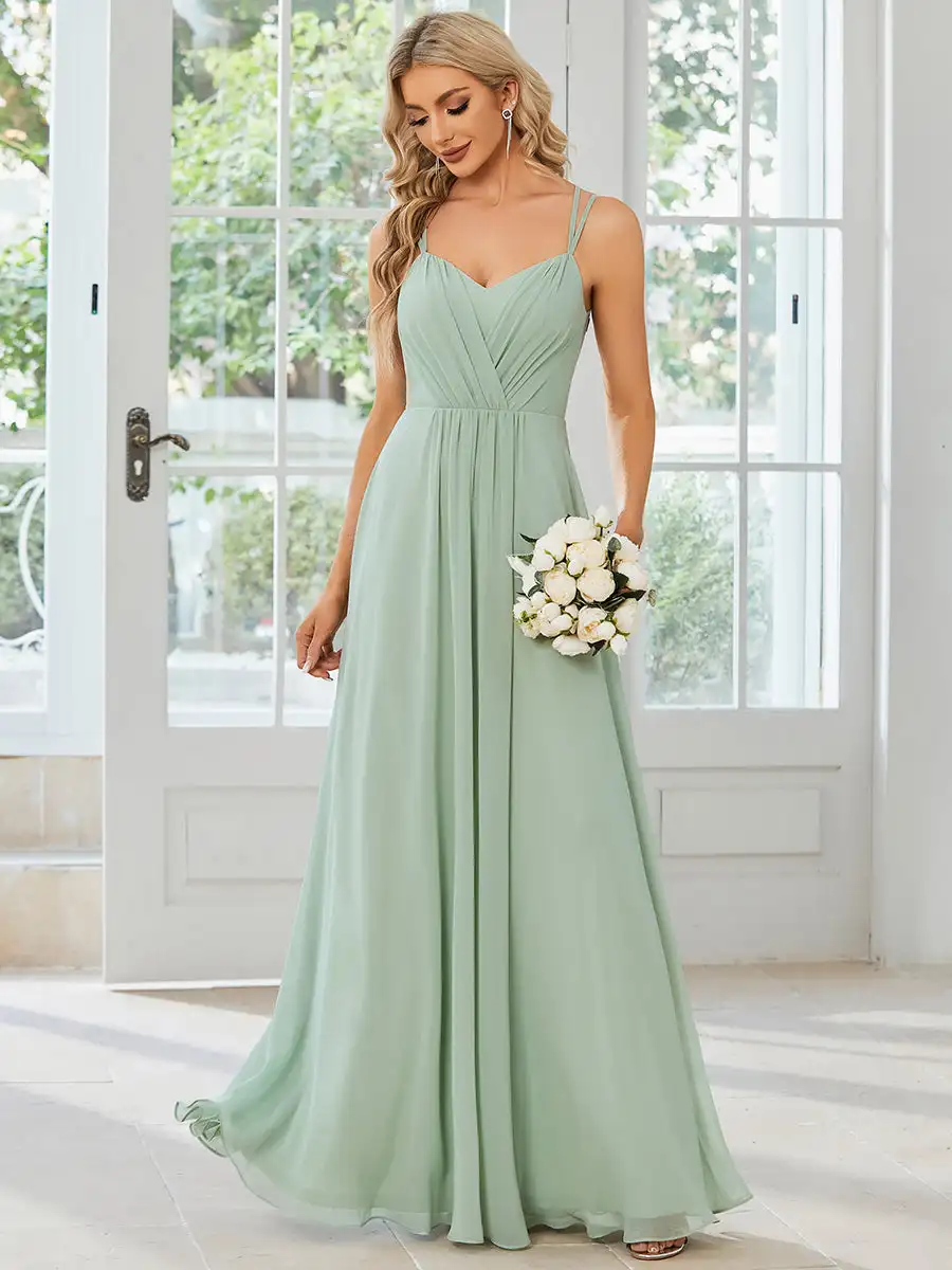 Elegante avondjurk V-rug rugloze vloerlengte Ever Pretty 2025, chiffon rimpel mintgroene bruidsmeisjesjurk