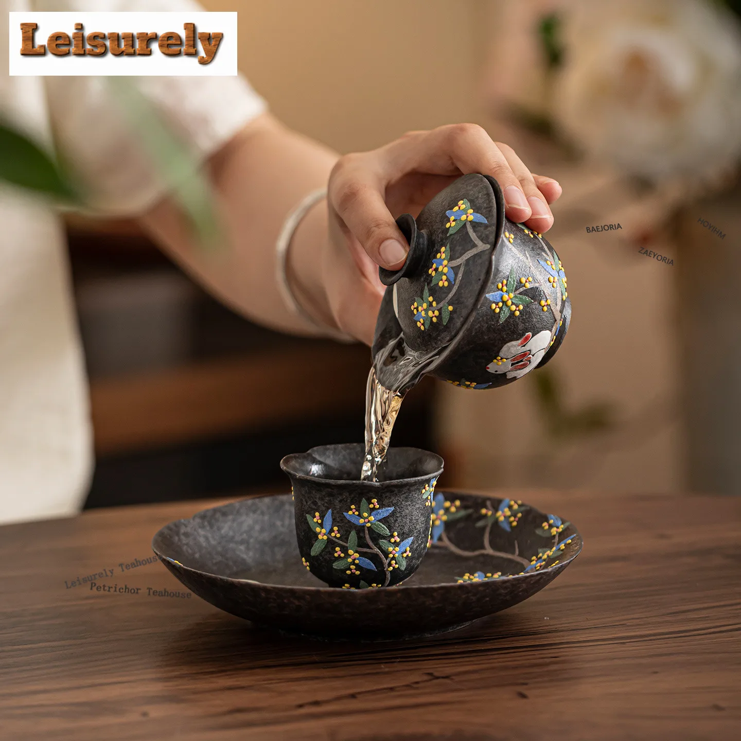 HOYIHM Hand-painted Moonlight Laurel Rabbit Pot Bearing Holder Gaiwan Support Dry Bubble Table Tea Tray Coasters Tableware Gifts