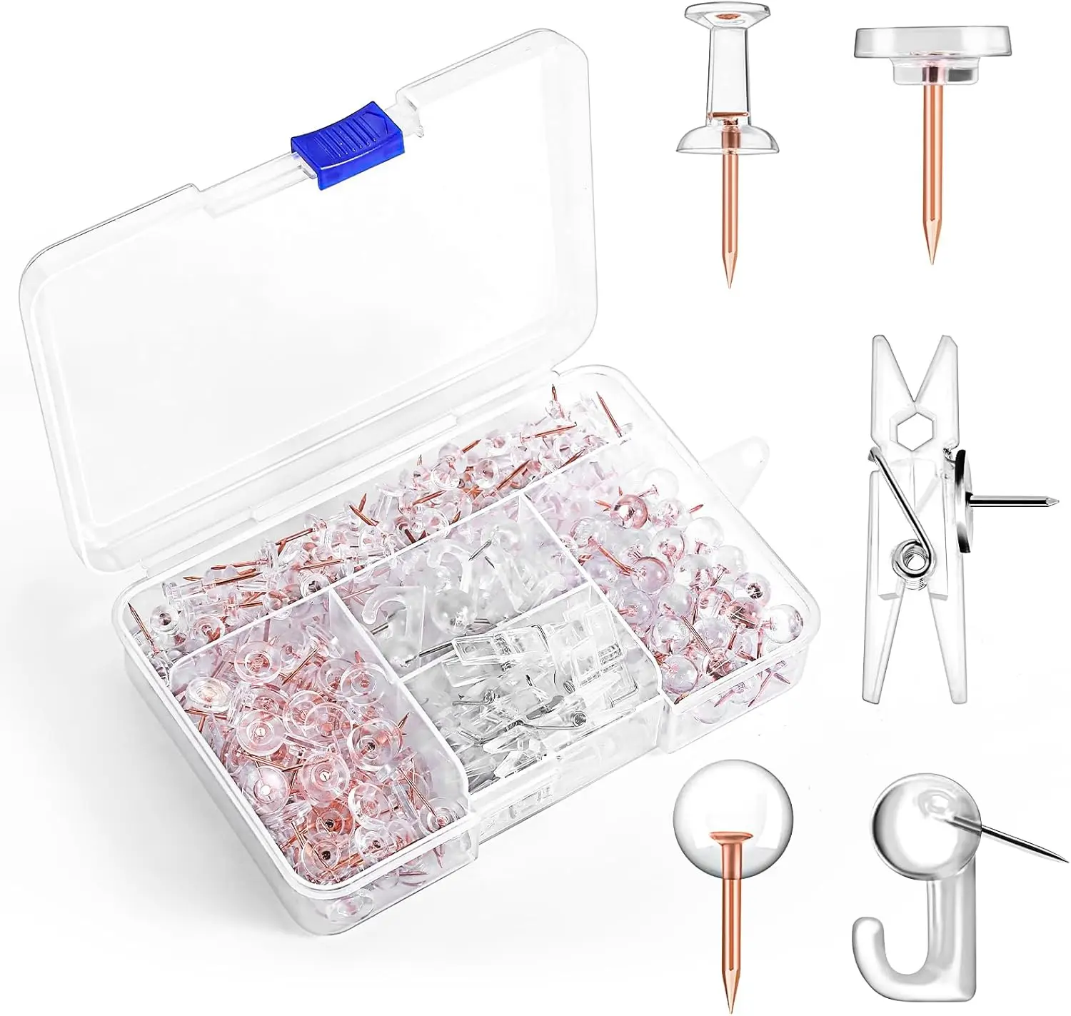

275pcs Clear Push Pins, 5 Types Plastic Thumb Tacks for Bulletin Board, Cork Board, Shadow Box, Wall - Rose Gold Accents