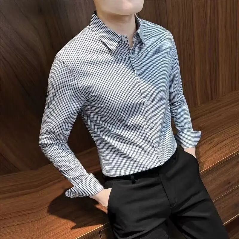 

Spring Autumn New Fashion Turn-down Collar Long Sleeve Plaid Blouse Men's Clothing Slim All-match Korean Trend Simplicity Shirts