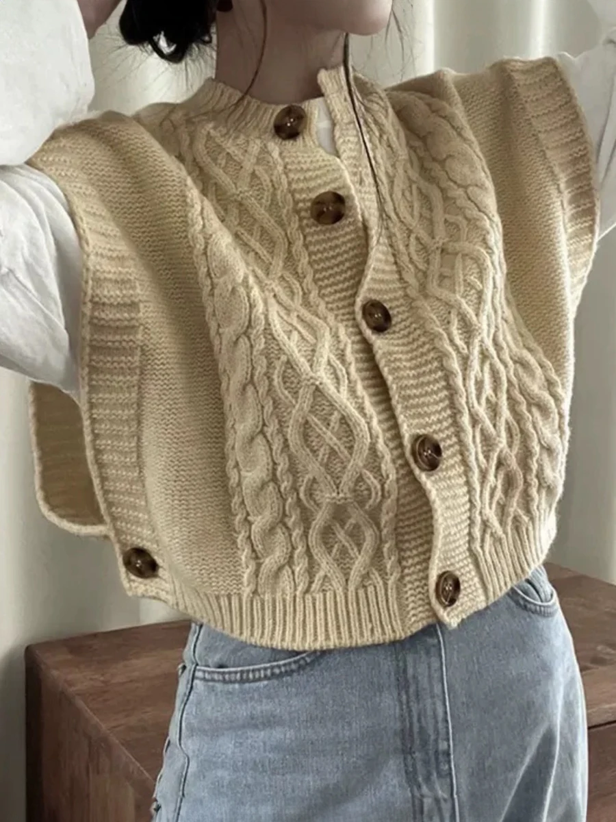 Cable Knit Sweater Vest Cardigan for Women Cozy Button Up Sleeveless Crop Knit Top for Women Teen-girl Fall Winter Casual Outfit