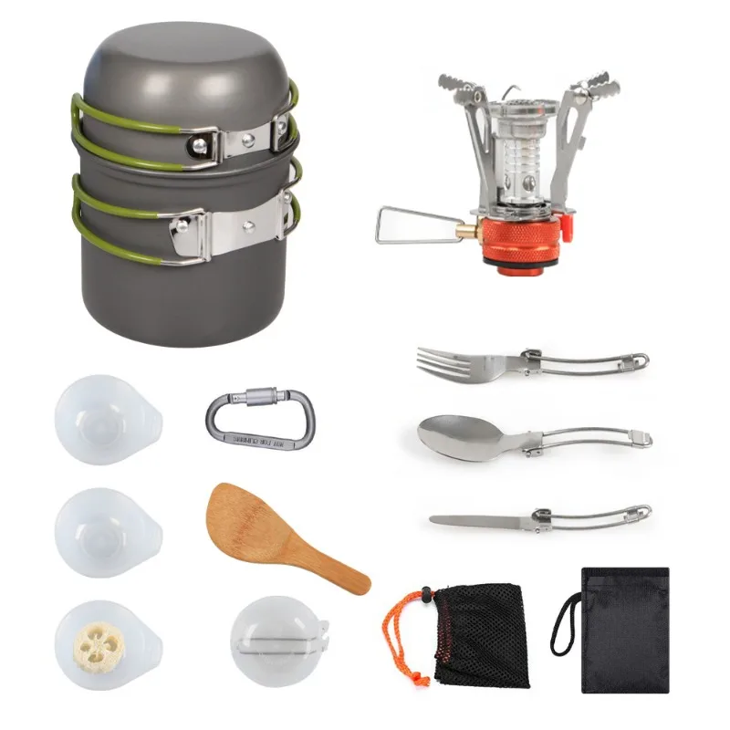 Custom Picnic Pot Set DS-101+ Accessories + Tableware 3 Piece Set + Mini Stove + Mountaineering Buckle