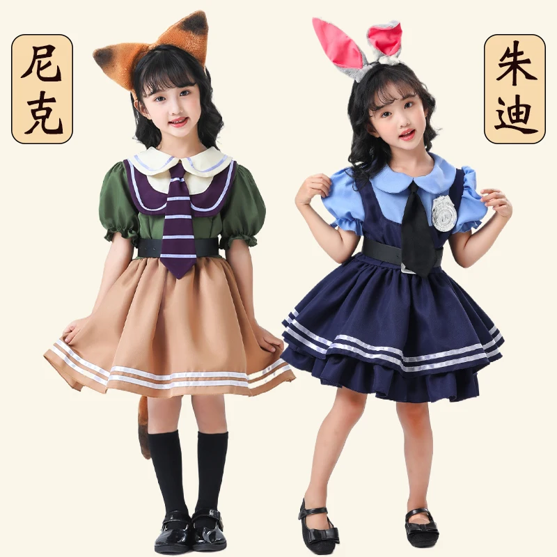 Crianças cosplay traje judy ni coelho policial roupa headwear desempenho roupas calças saia m fem versão