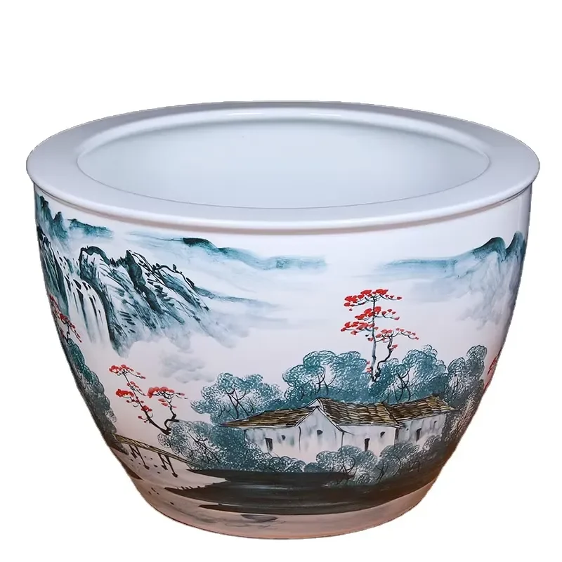 Chinese Jingdezhen Hand Painting Fish Flower Pattern Porcelain Planter Large Ceramic Fish Bowl Pot