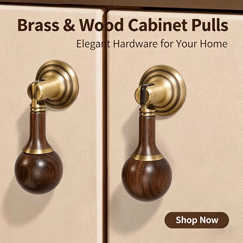 French Mid-Century Retro Walnut Pendant Handles Vintage Bronze Round Knobs Cabinet Drawer Wardrobe Door Furniture Pulls