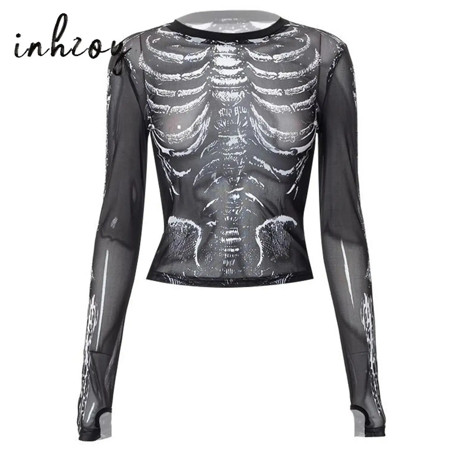 

Women Y2K Shirt Gothic Skeleton Print Long Sleeve Crop Tops Sheer Mesh Graphic Tees E-Girls Pullover Streetwear Black Large