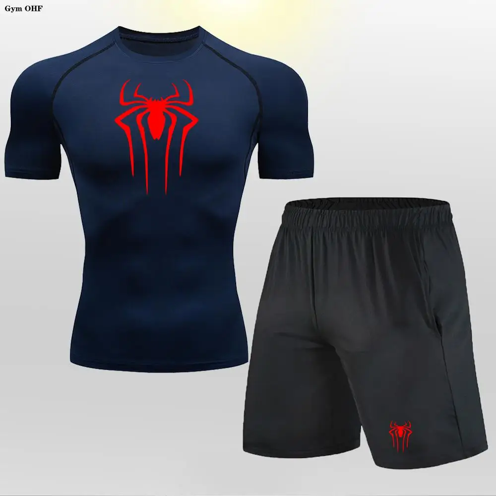 Spider Men T Shirt Shorts Set Compression Sport Suit Mens Clothes Running Tracksuit Wear Exercise Workout Tights Man
