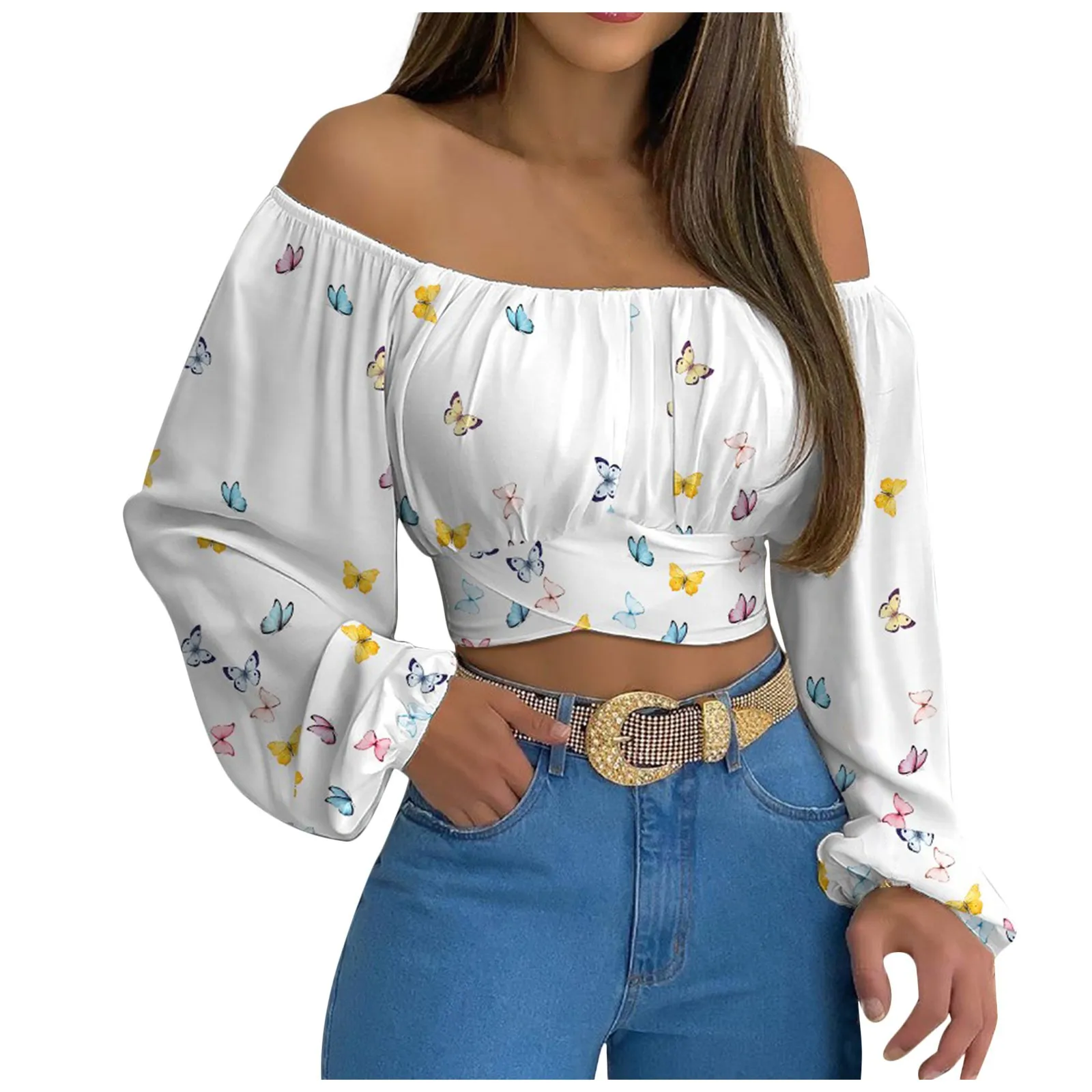 Women Puff Long Sleeve Off Shoulder Shirt Irregular Cross Wrap Hem Sexy Backless Self Tie Knot Crop Top White Blouse