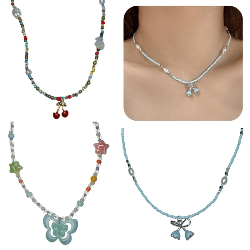 Crystal Cherry Bead Necklace Elegant Butterfly Orchids Flower Sweater Chain Gift