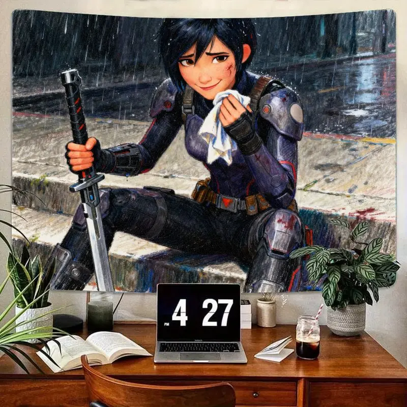 

1 шт. научно-фантастический гобелен с аниме-воином, бронированная девушка с мечом дождя, современное настенное искусство из полиэстера для декора игровой комнаты, спальни, Gif