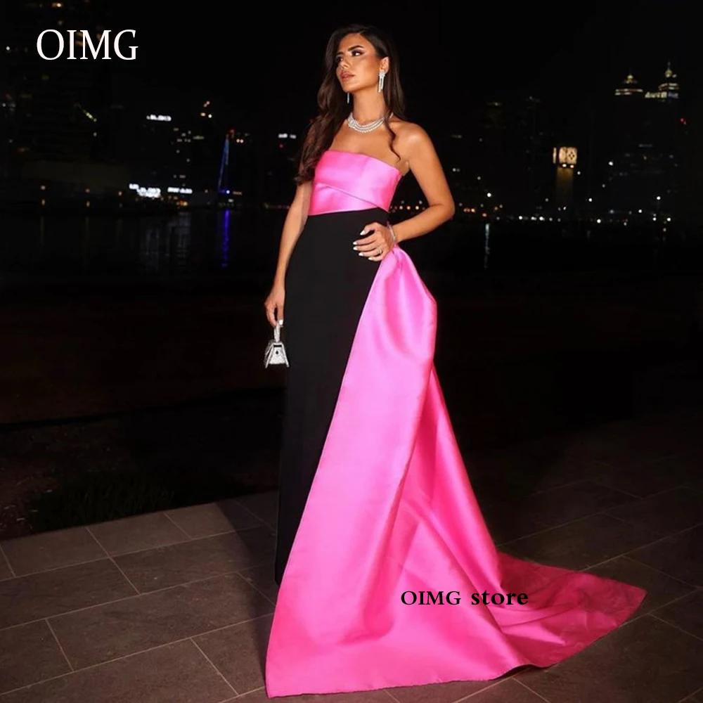 Pink Black Simple Long Evening Dresses Strapless Satin Floor Length Arabic Women Formal Party Prom Dress Robe de soiree