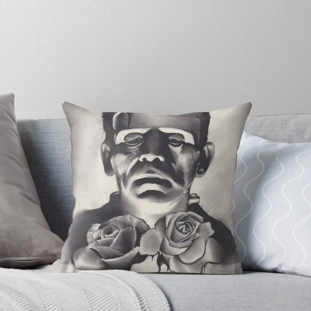 

Original Charcoal Drawing of Frankenstein with Roses Throw Pillow Luxury Pillow Cover bed pillows pillows decor home pillow