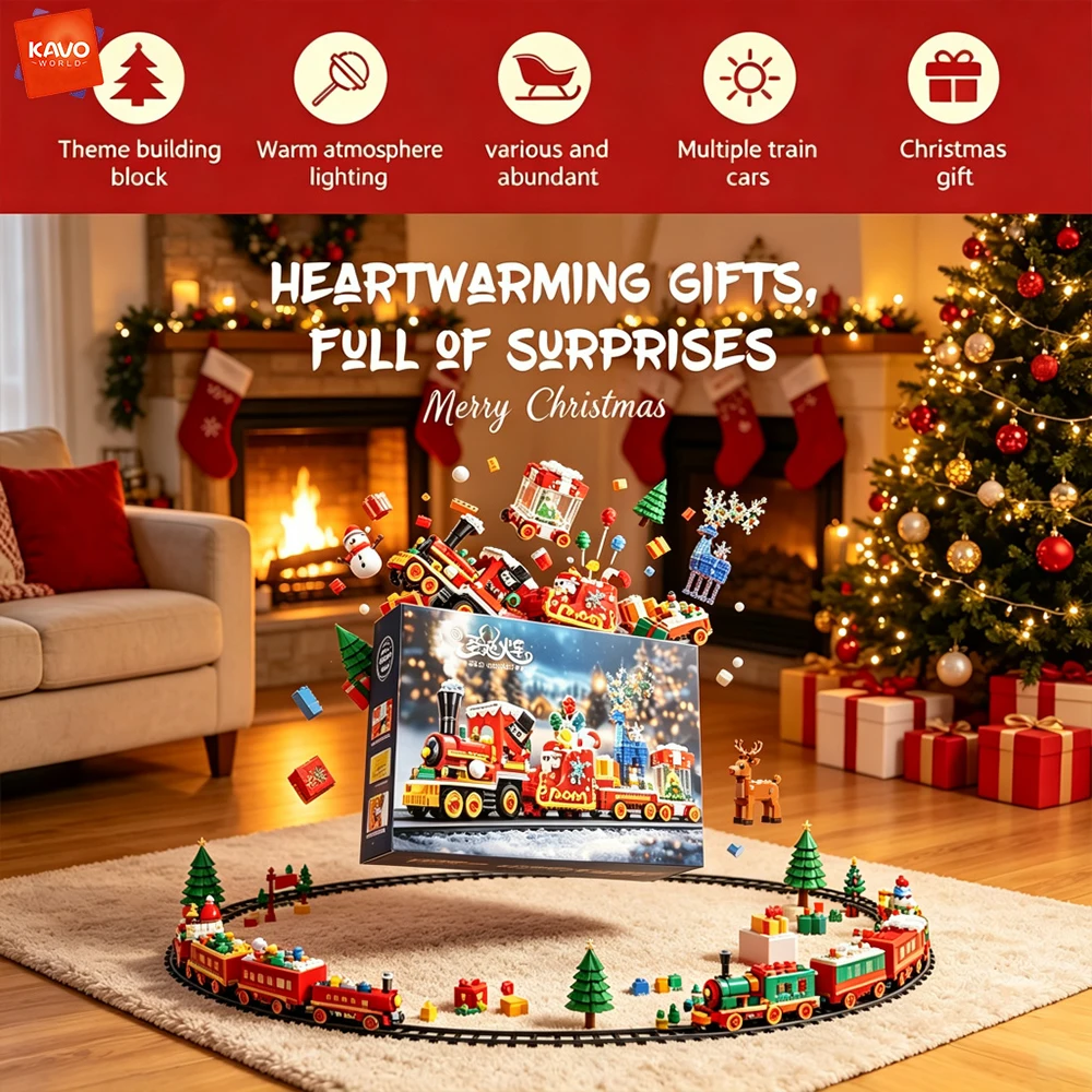 KAVOWORLD 1461PCS Mini Christmas Train Blocks Toy Santa Reindeer Sleigh Cars Educational DIY Assembly Christmas Gifts for Kids
