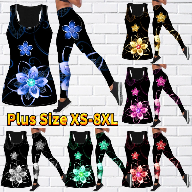 Women\'s Yoga Set Women\'s Sparkling Flower Printed Tights Fitness Running Hip Lift Yoga Pants Tank Top Yoga Set XS-8XL