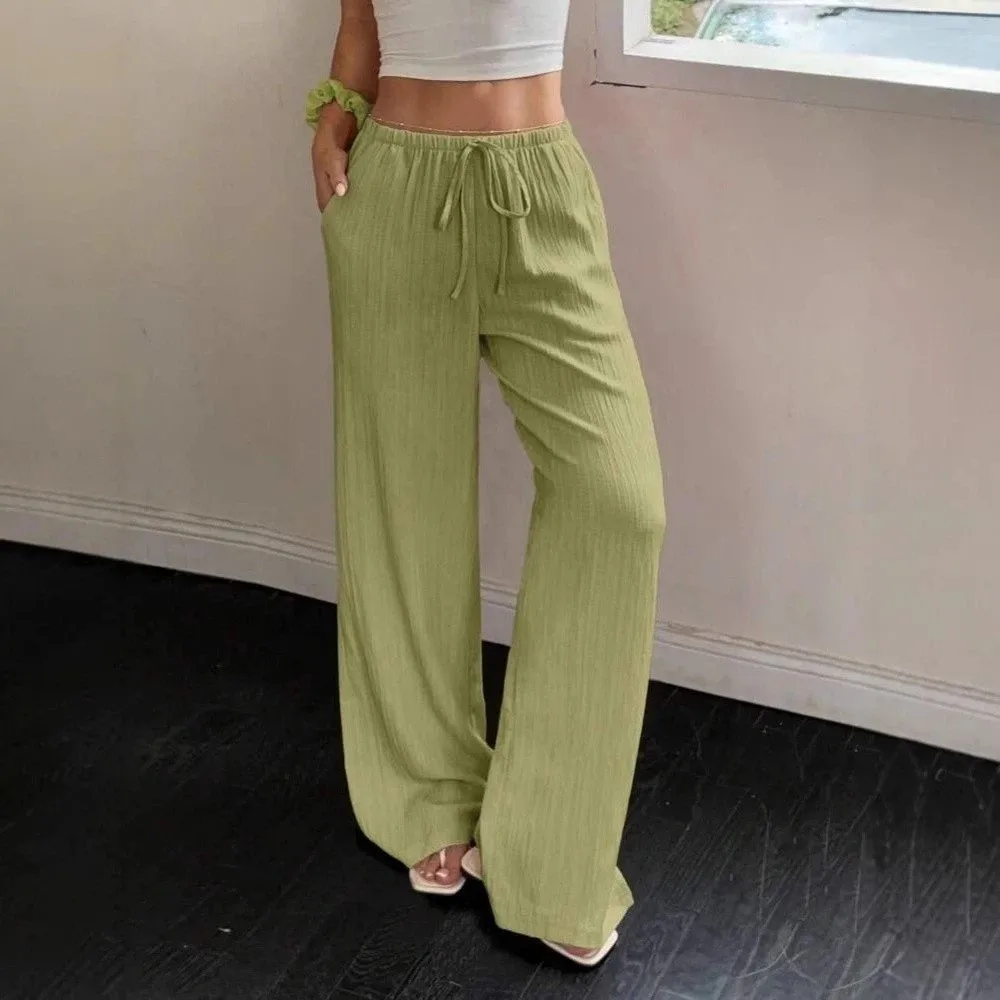 Fashion Lace-up Straight Leg Pants Drop Feeling Loose Wide Leg Trousers Casual Wear Side Pocket Floor Length Britches Beach