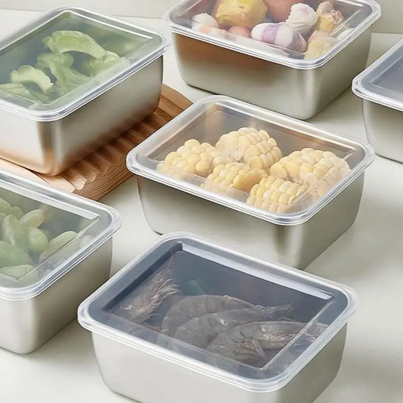Piring makanan baja tahan karat dengan tutup persegi kotak saji makanan kotak wadah tertutup untuk Oven dapur memasak pembekuan