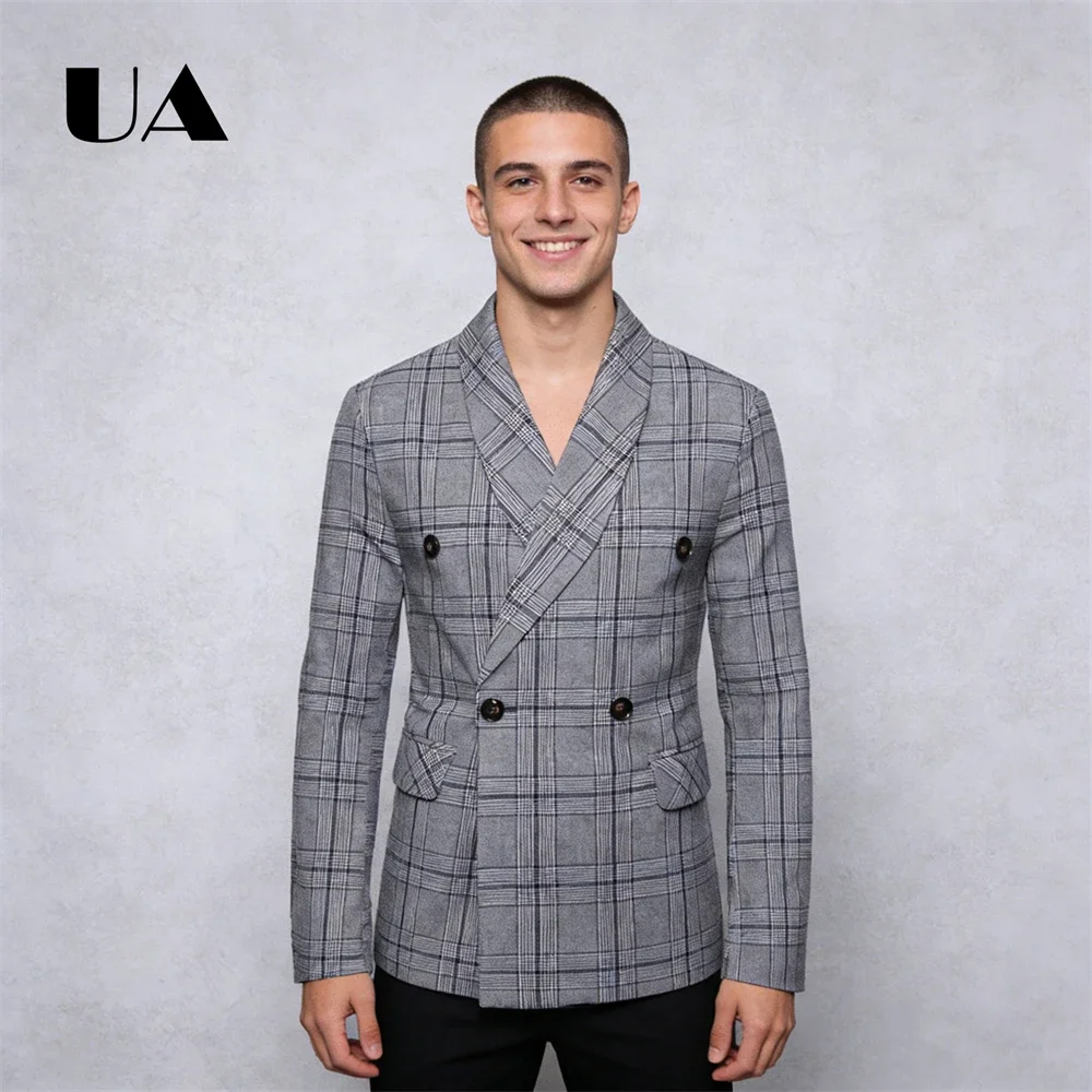 Double Breasted Plaid Suit Jacket for Men, M-4XL Casual Smart Suit Blazer Checkered Peak Lapel Suit ULBYANRY