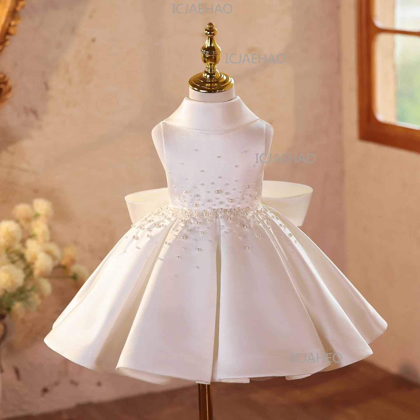 

Girls White Pearl Formal Dress, Luxury Niche Performance Evening Wear Childrend Princess Gown For Banquet Host Flower Girl Piano