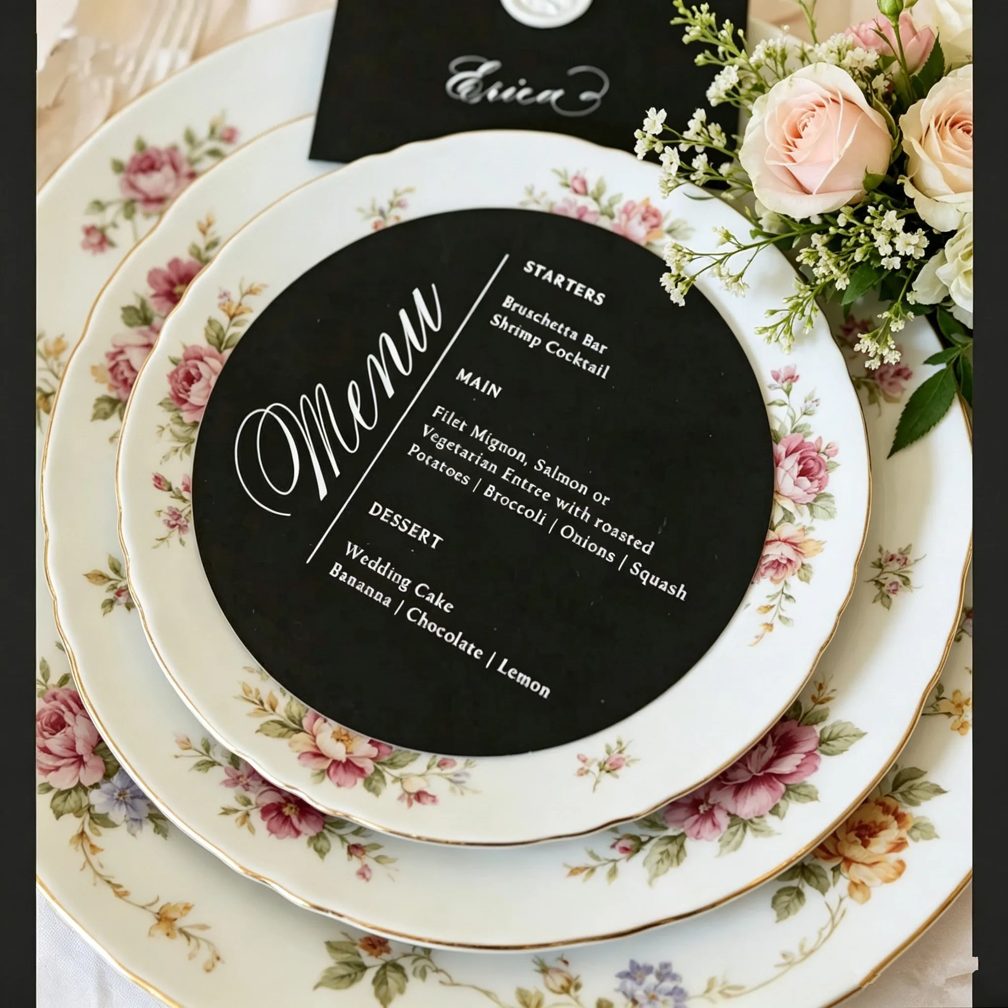 10pcs Elegant Black Paper Wedding Menu Invitation Card with White Ink Print Round Shape Custom Thank you Card Design