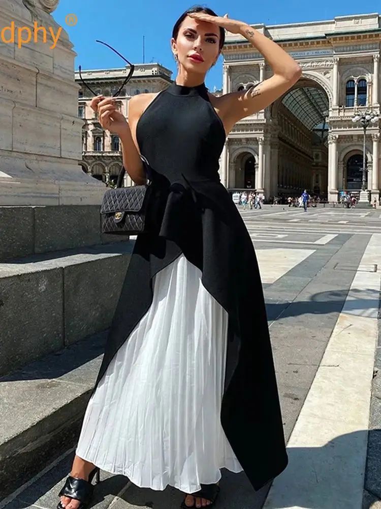 2023 New White Black Two Piece Skirt Set Sexy Backless Turtleneck Bandage Tops & High Waist Pleated Maxi Dress Fashion Party